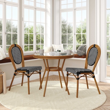Flash Furniture Lourdes French Bistro 31.5in. Table, Black and White PE Rattan, Glass Top w/2 Stack Chairs SDA-AD641012-80-2002S-BKWH-NAT-GG